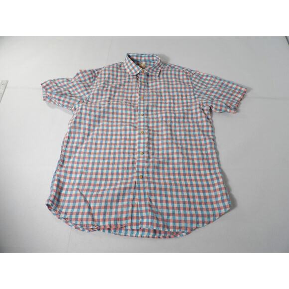 Jos A Bank Linen Shirt Mens Large Check Plaid Blue White Red Short Sleeve Casual - Picture 4 of 9